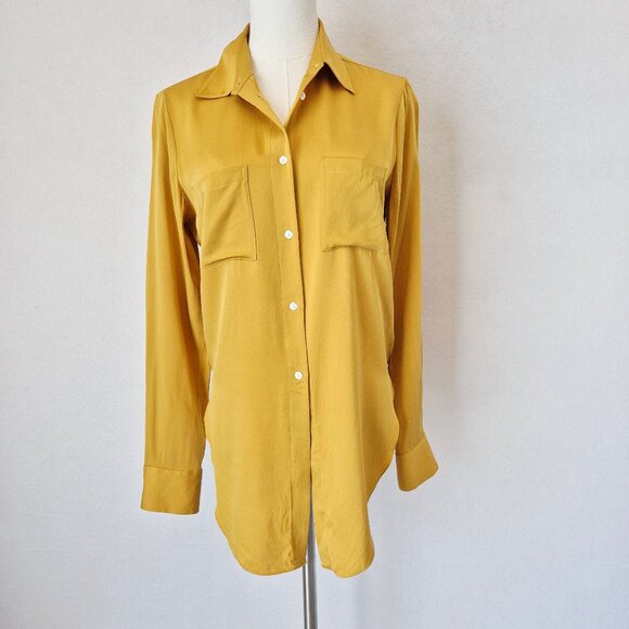 Theory Silk Blend Chiffon Tie-Front Button-Up Shirt Pocket Long Sleeve Yellow - Picture 3 of 13